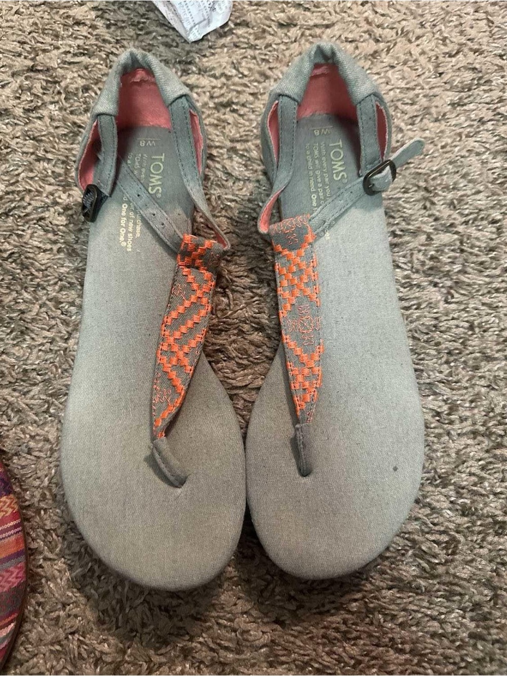 TOMS Chambray Canvas T-Strap Sandals with Orange coral Embroidery
